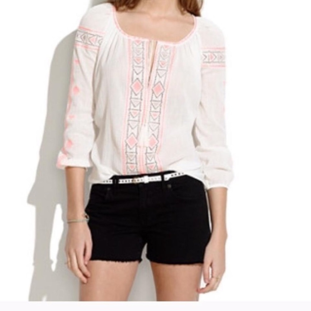 Madewell Boho Tribal White & Neon Embroidered Peasant Blouse Size XS